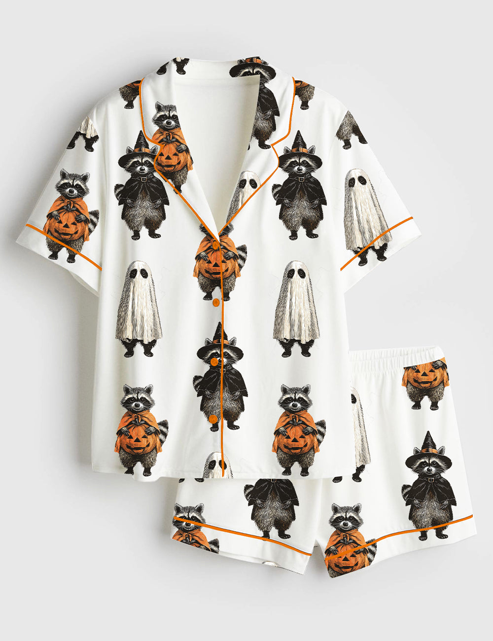 Women’s Retro Spooky And Feral Raccoon Halloween Feral Girl Creepy Cute Raccoon Ghost Print Short Sleeve Satin Pajama Set