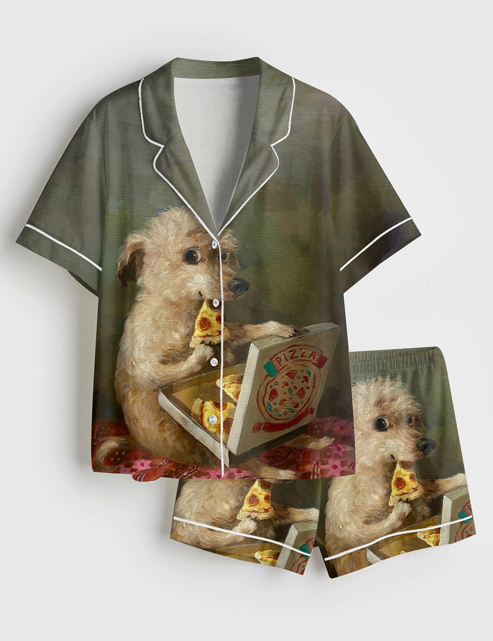 Women’s Dog Eating Pizza Puppy Short Sleeve Satin Pajama Set
