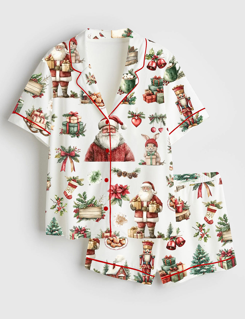 Women's Rustic Red Green Christmas Winter Short Sleeve Satin Pajama Set