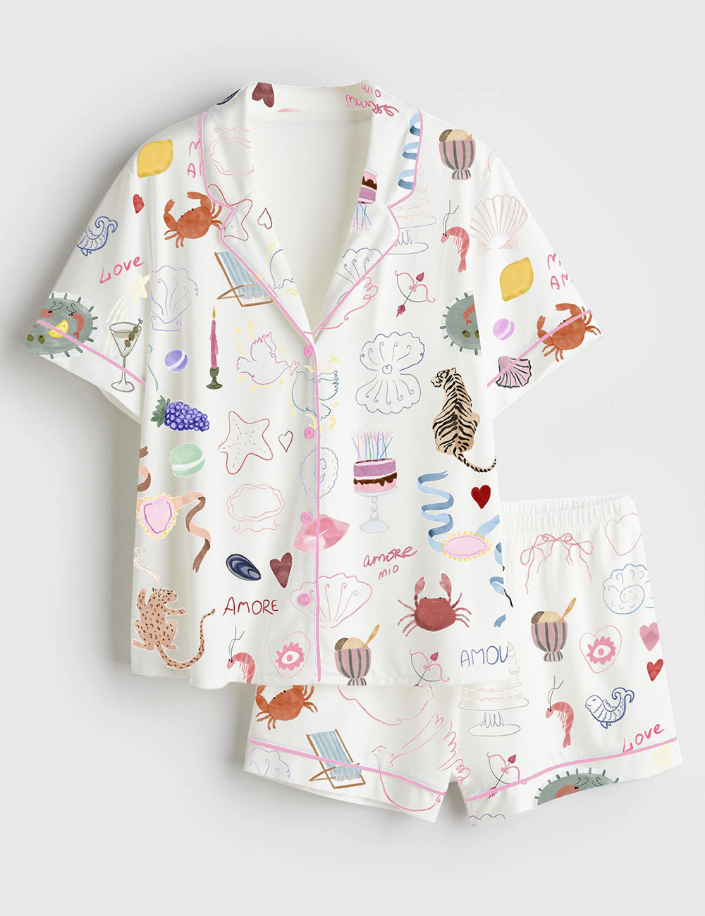 Women’s Whimsical Hand Drawn Love Dolce Vita Italy Wedding Icons Summer Seashell Line Art Print Short Sleeve Satin Pajama Set