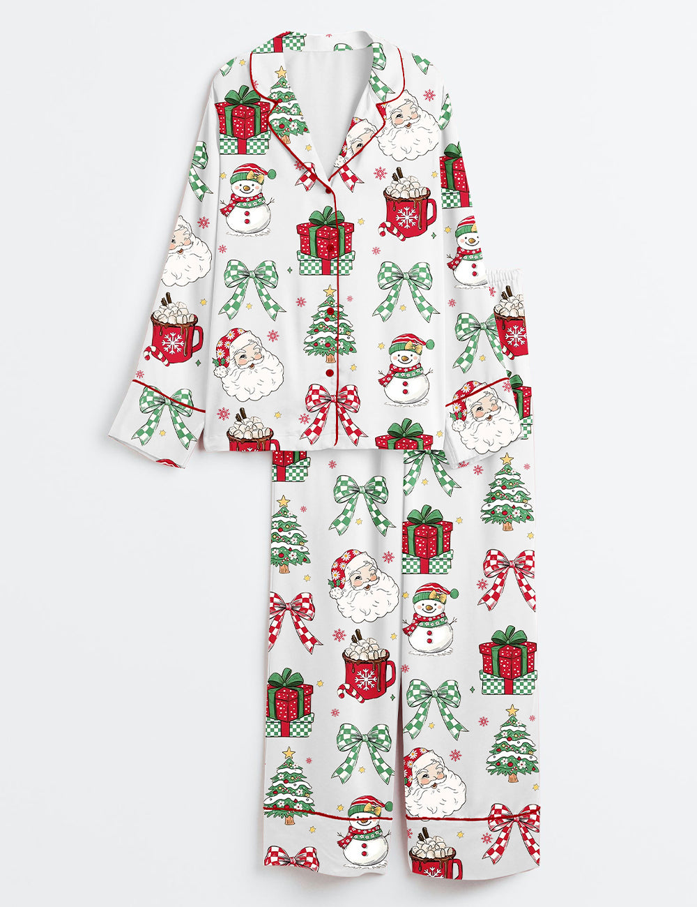 Women’s Retro Christmas Holidays Hot Cocoa Candy Cane Santa Coquette Bow Checkered Long Sleeve Satin Pajama Set