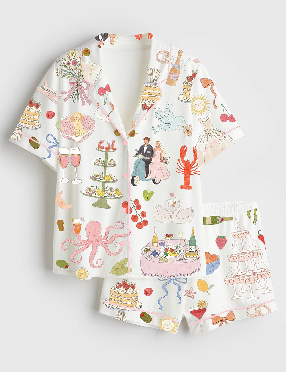Women’s Whimsical Hand Drawn Watercolor Wedding Dolce Vita Summer Print Short Sleeve Satin Pajama Set