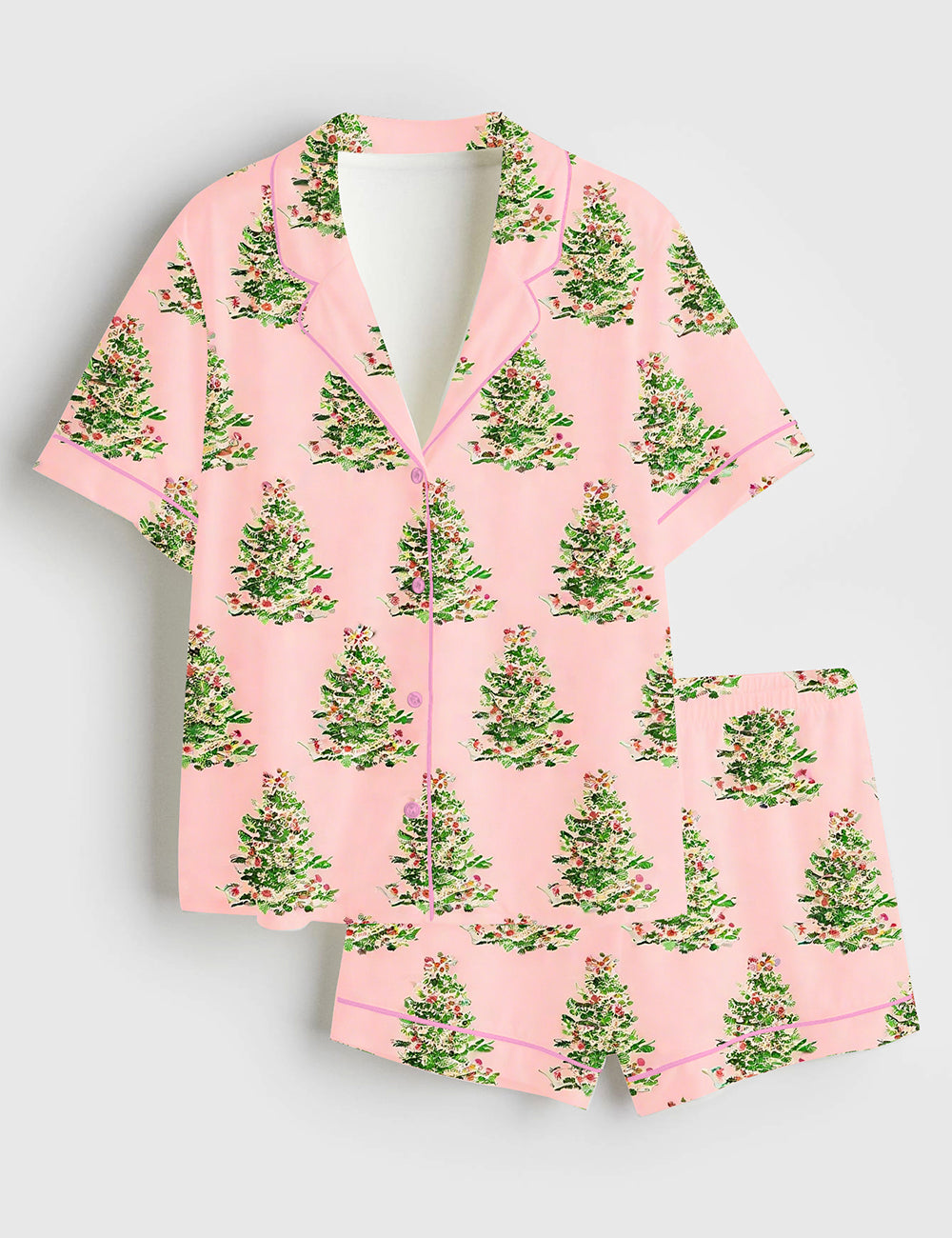 Women’s Christmas Tree Pink Short Sleeve Satin Pajama Set