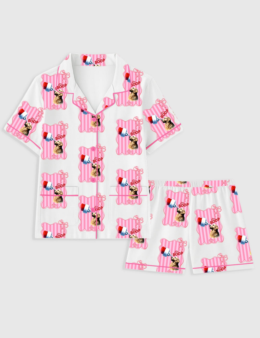 Women's Golden Retriever With Pink Christmas Santa Claus Short Sleeve Pocket Cotton Pajama Set