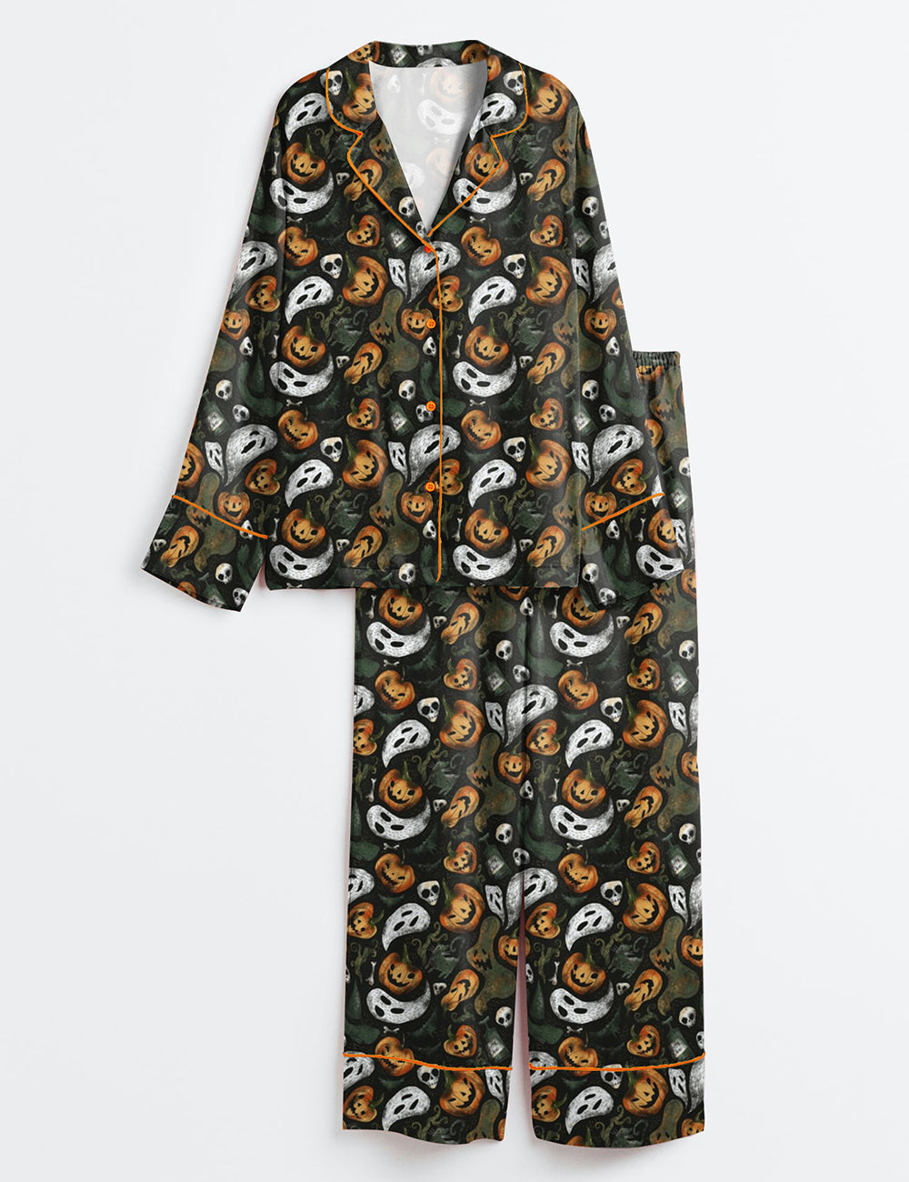 Women’s Halloween Party Ghost Pumpkin Long Sleeve Satin Pajama Set