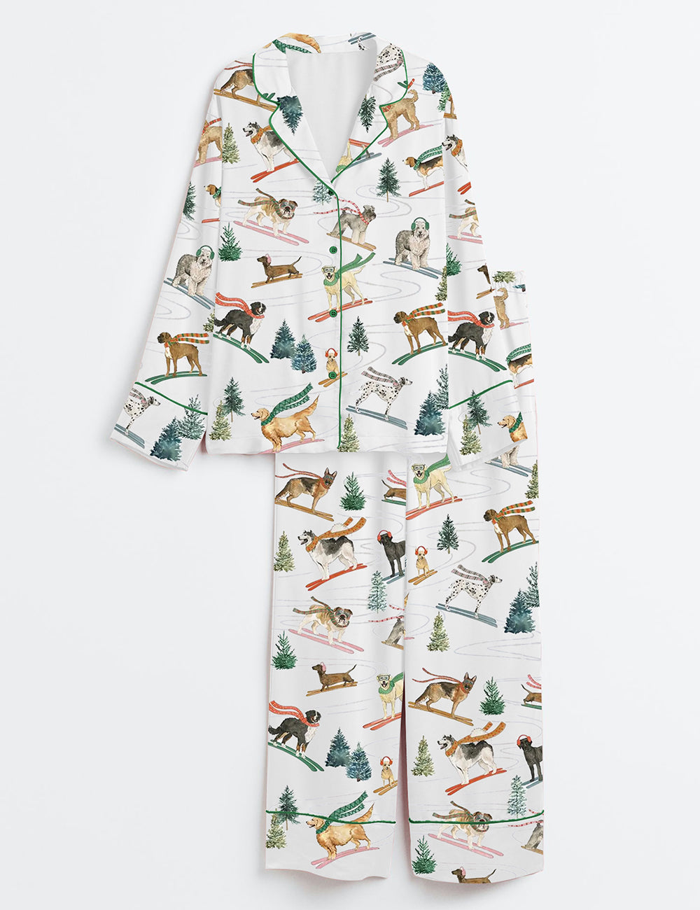 Women’s Skiing Dogs Christmas Ski Dog Lover Long Sleeve Satin Pajama Set