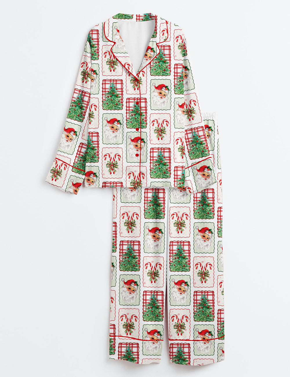 Women’s Coquette Frame Red Bow Candy Cane Gingerbread Xmas Santa Long Sleeve Satin Pajama Set