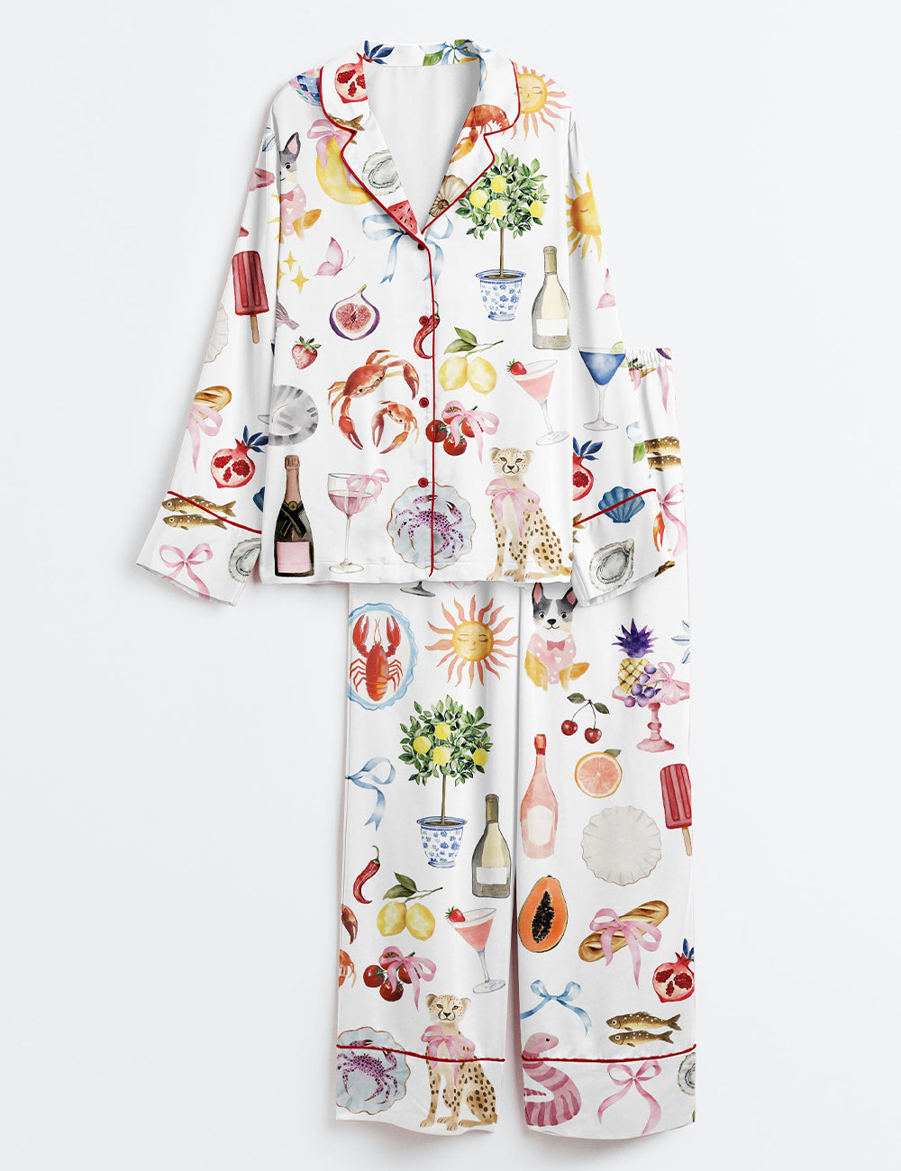 Women’s Whimsical Wedding Dolce Vita Wedding Coquette Mediterranean Print Long Sleeve Satin Pajama Set