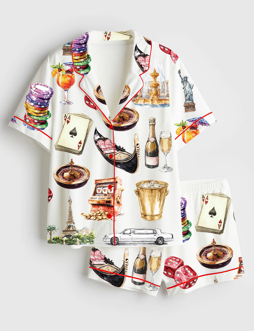 Women’s Las Vegas Clipart Vacation Travel Short Sleeve Satin Pajama Set