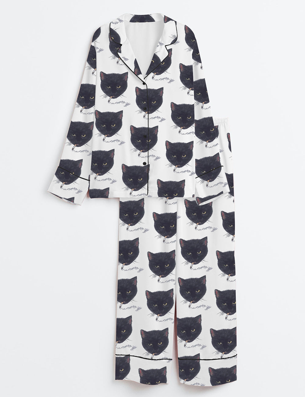 Women’s Smoking Cat Long Sleeve Satin Pajama Set