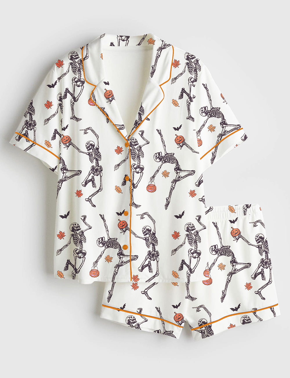 Women’s Dancing Skeleton Halloween Pumpkin Short Sleeve Satin Pajama Set