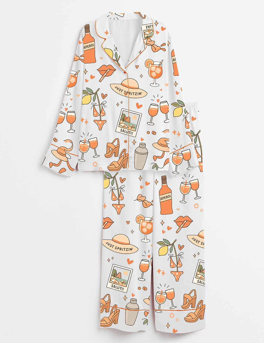 Women’s Spritz Girl Summer Aperol Bottle Cocktail Glass Heels Bikini Summer Beach Long Sleeve Satin Pajama Set