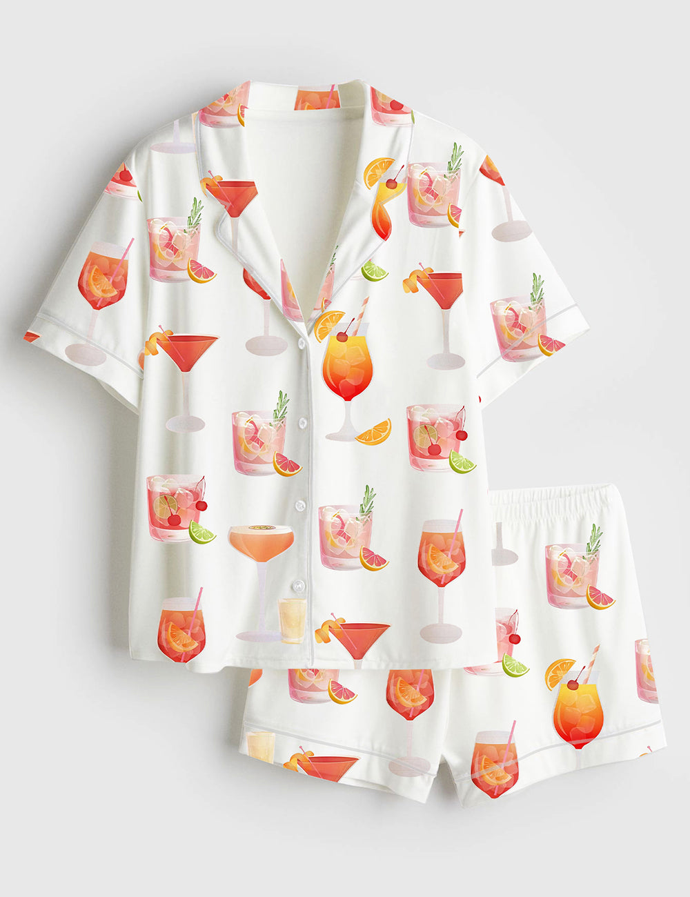 Women’s Watercolor Cocktail Drinks Summer Beach Lemon Drop Martini Wedding Cocktail Print Short Sleeve Satin Pajama Set