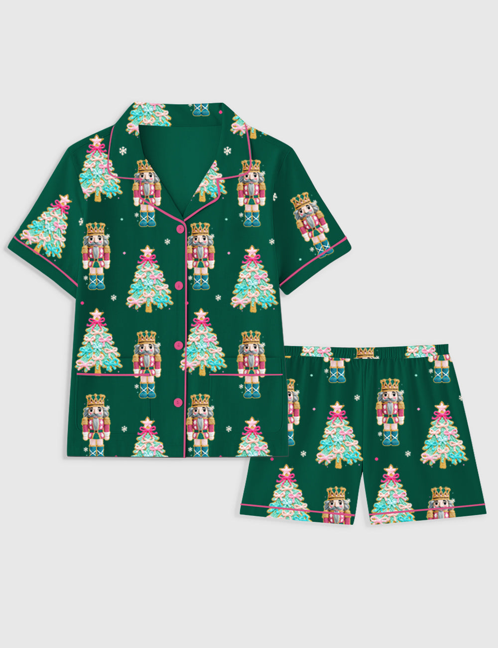 Women's Christmas Tree Nutcracker Coquette Preppy Holiday Short Sleeve Pocket Cotton Pajama Set