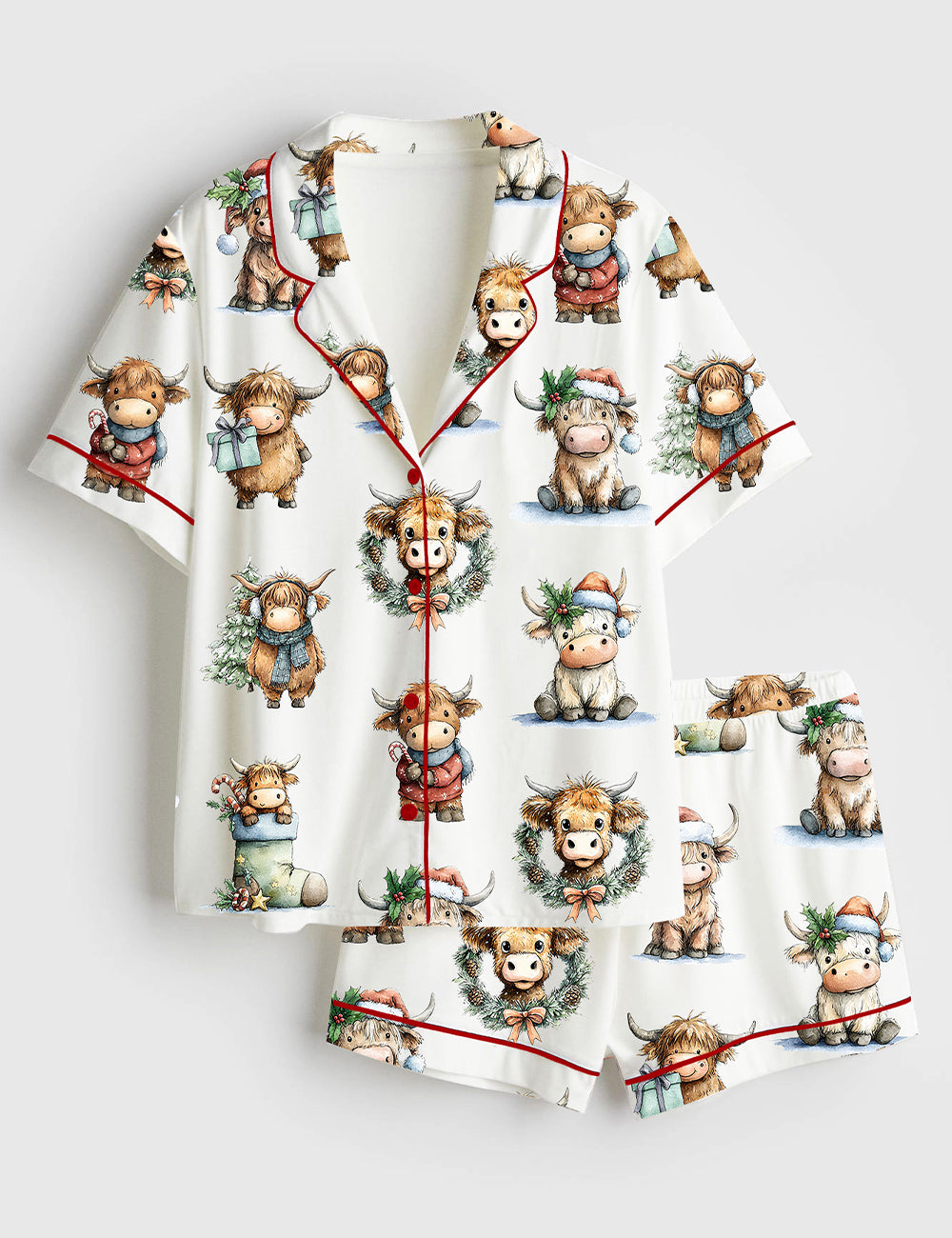 Women’s Christmas Highland Cow Watercolor Christmas Cow Short Sleeve Satin Pajama Set