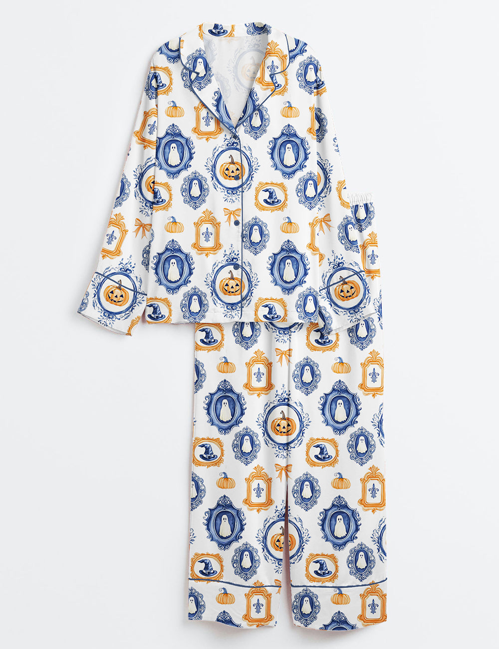 Women’s Autumn Preppy Halloween Fall Pumpkin Spice Spooky Ghost Print Long Sleeve Satin Pajama Set