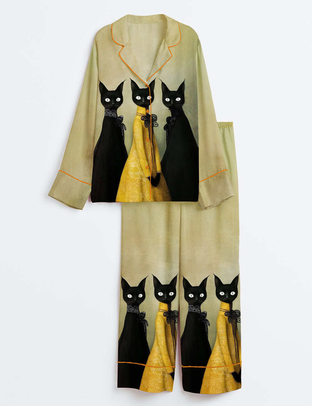 Women’s Elegant Cat Long Sleeve Satin Pajama Set