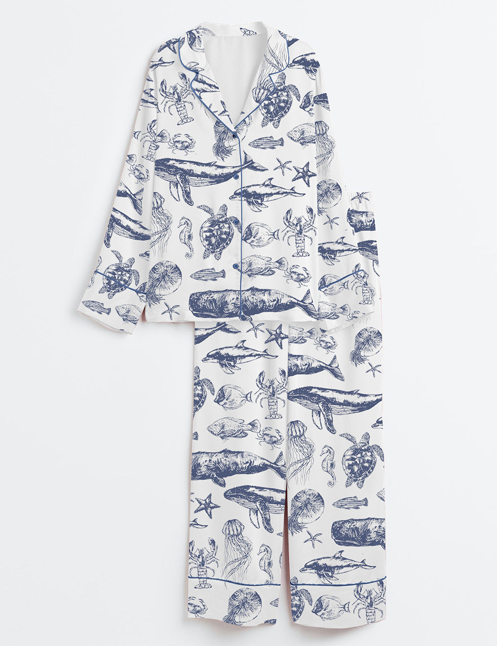 Women’s Vintage 90s Sea Animals Fish Summer Beach Ocean Animals Sea Life Print Long Sleeve Satin Pajama Set