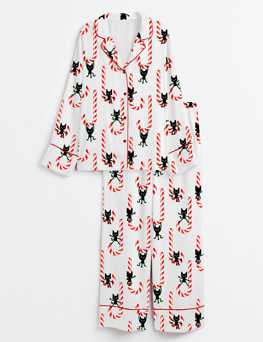 Women’s Christmas Candy Cane Cats Long Sleeve Satin Pajama Set