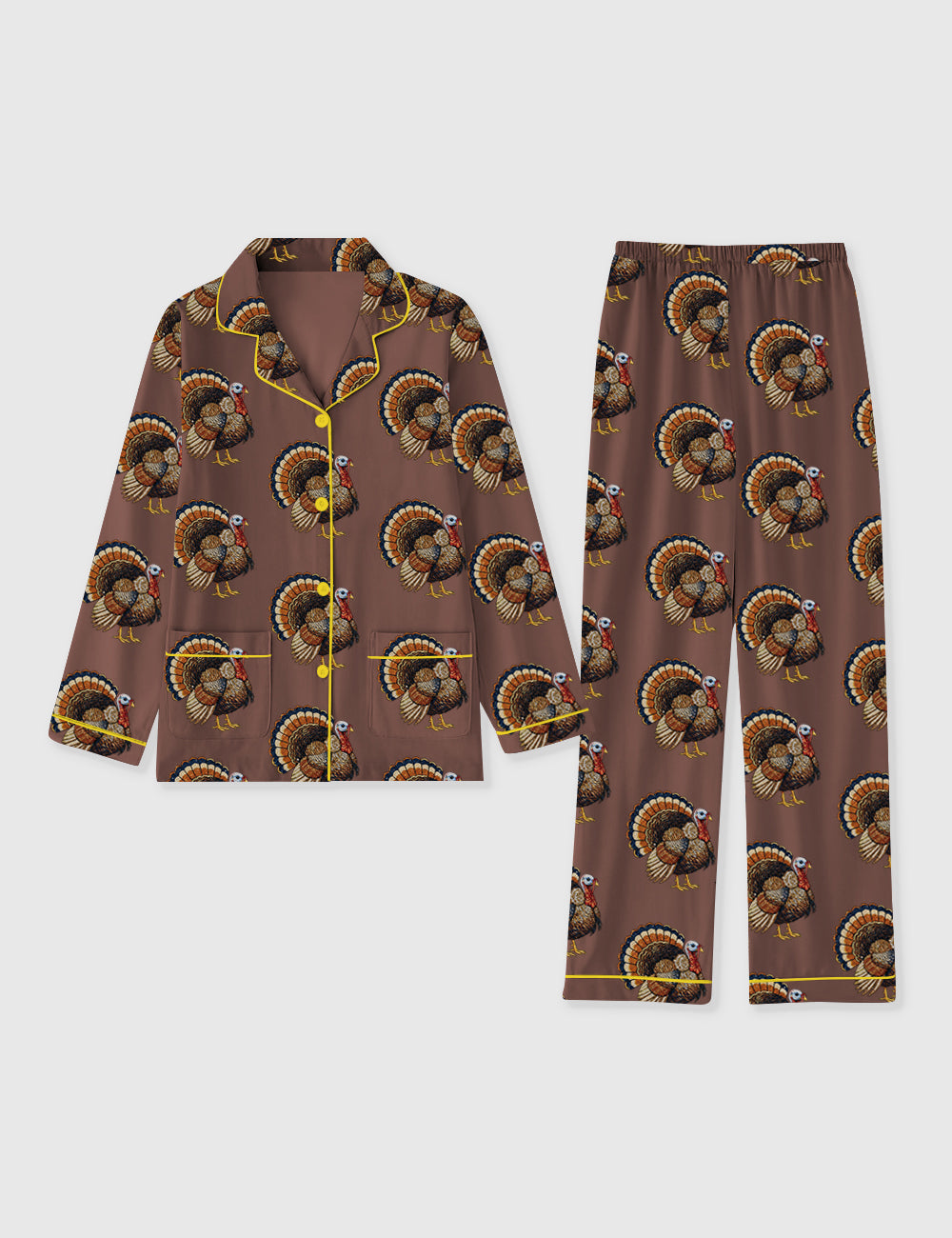 Women's Rhinestone Turkey Thanksgiving Cozy Autumn Long Sleeve Pocket Cotton Pajama Set