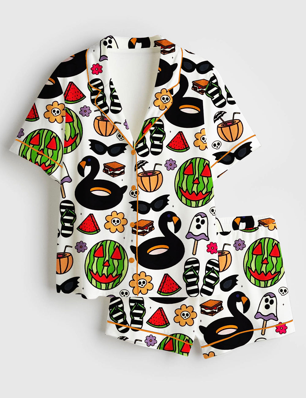 Men’s Summerween Halloween Ghost Slasher Scary Jack O Melon Swan Pool Float Print Short Sleeve Satin Pajama Set