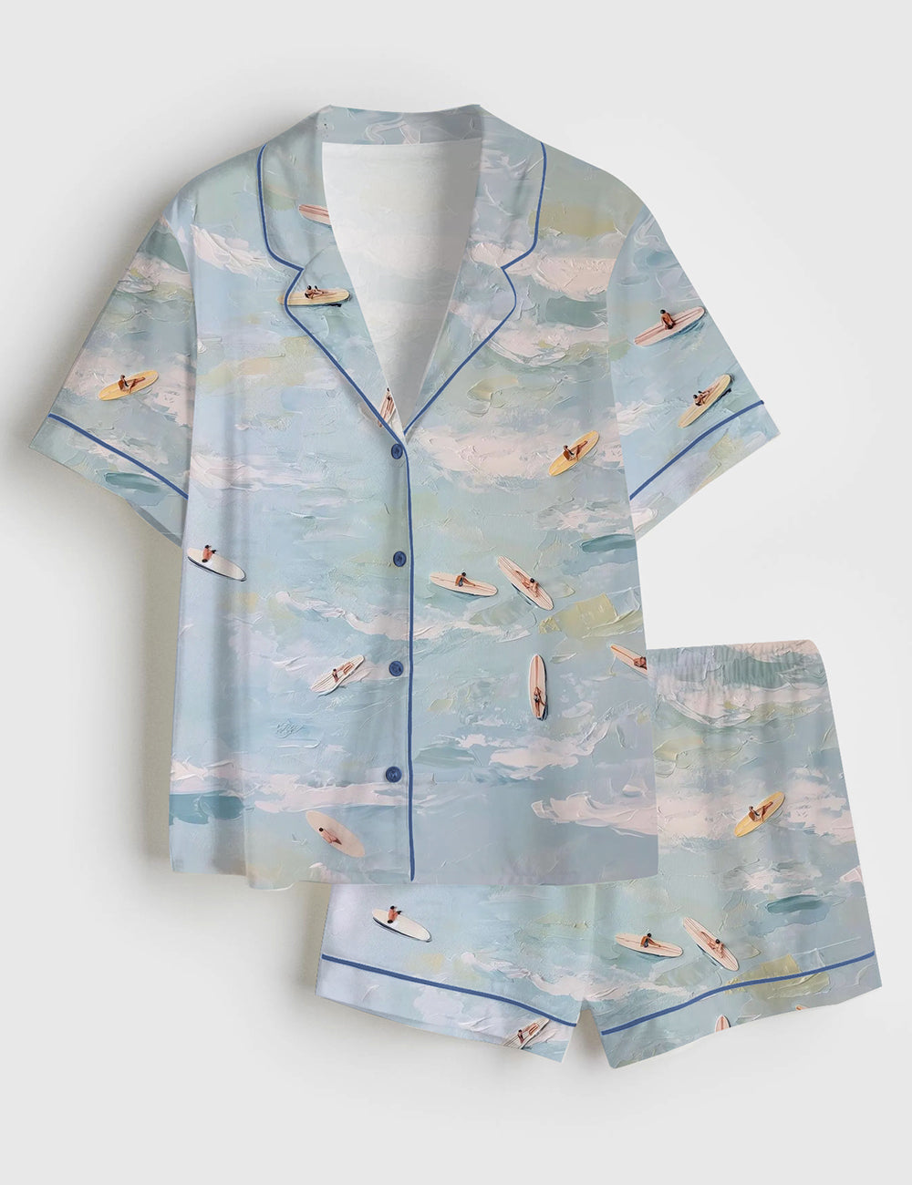 Women’s Aerial Surfers Abstract Coastal Light Blue Ocean View With Mini Surfboards Short Sleeve Satin Pajama Set