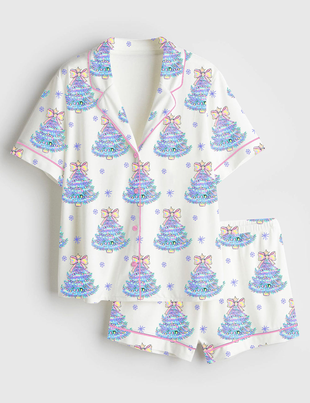 Women’s Colorful Glitter Coquette Christmas Tree Holly Jolly Short Sleeve Satin Pajama Set