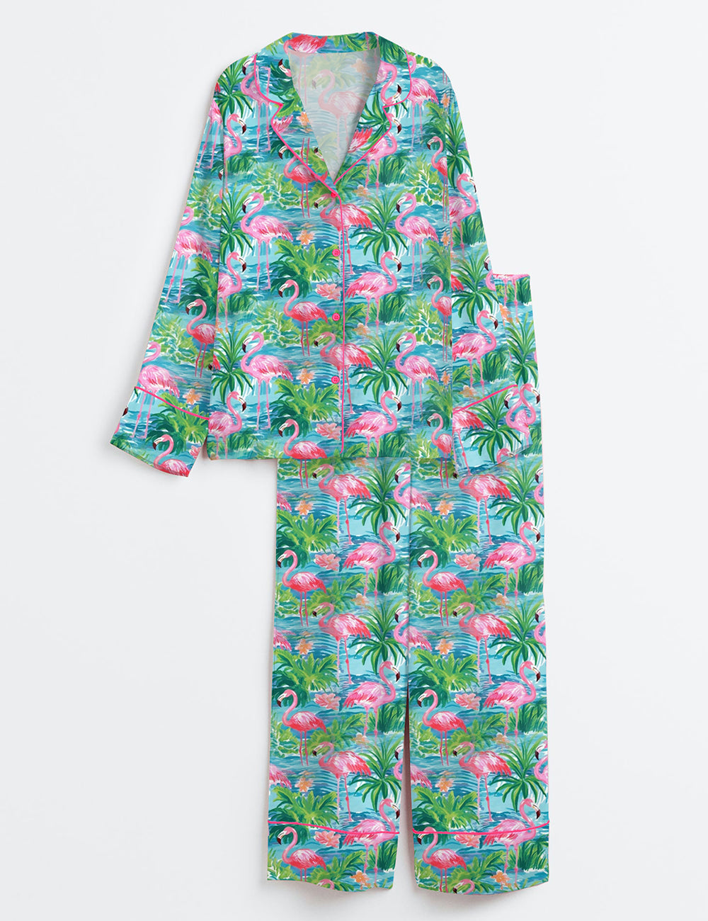 Women’s Flamingo Fling Summer Beach Plant Long Sleeve Satin Pajama Set