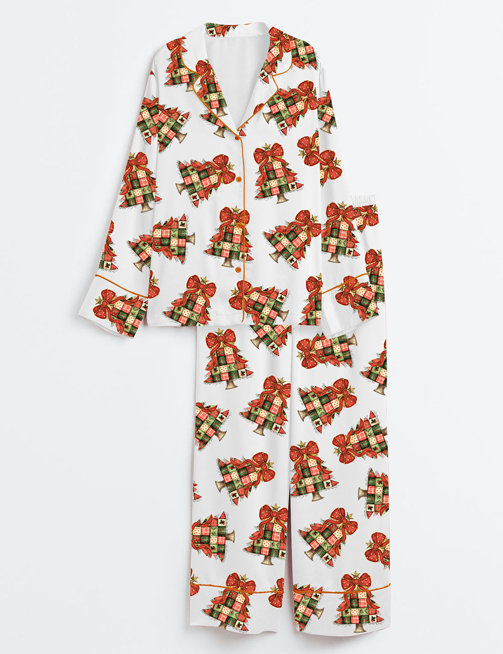 Women’s Retro Patchwork Christmas Tree Vintage Merry Christmas Bow Long Sleeve Satin Pajama Set