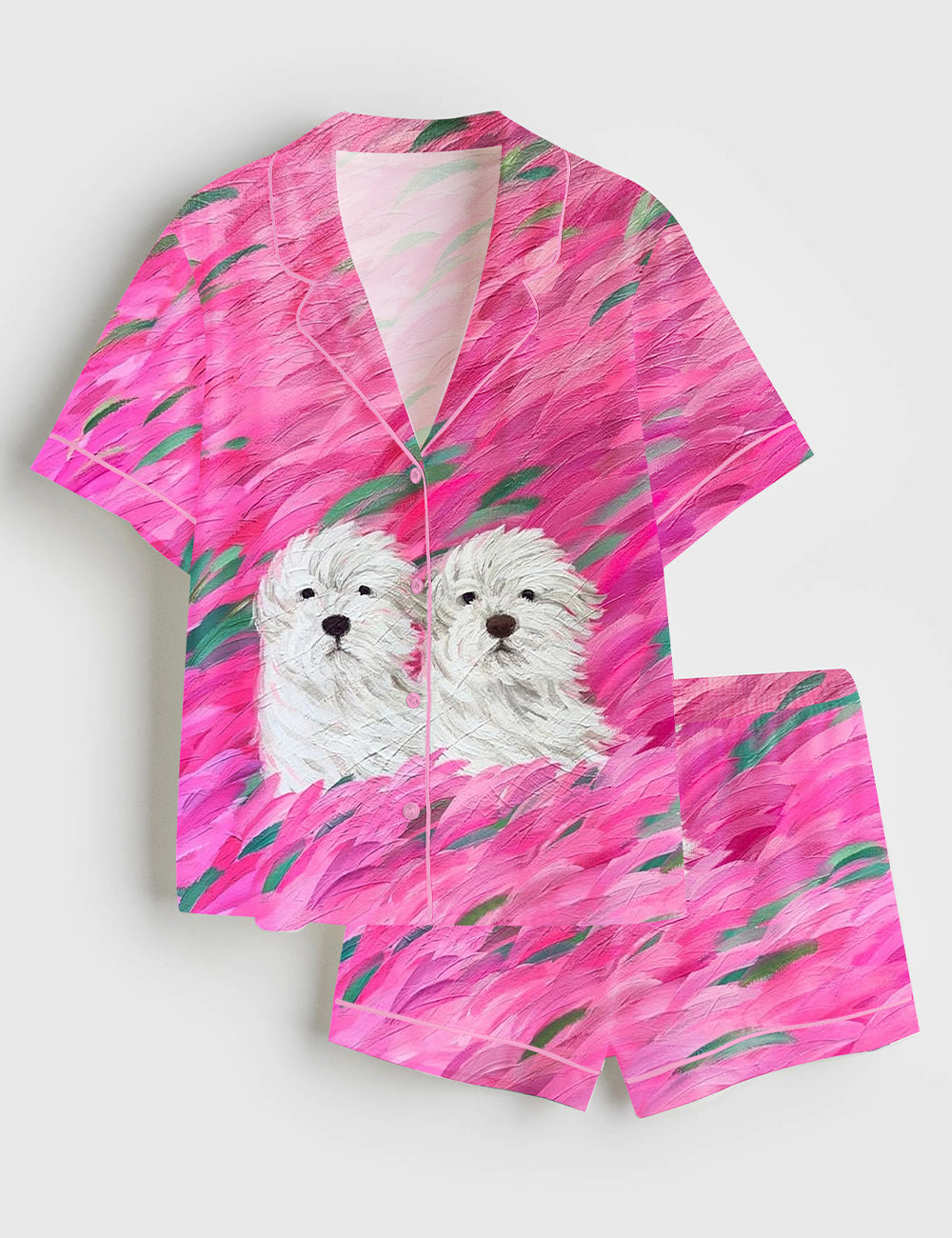 Women’s Two White Creatures In A Pink Blossom Field Short Sleeve Satin Pajama Set