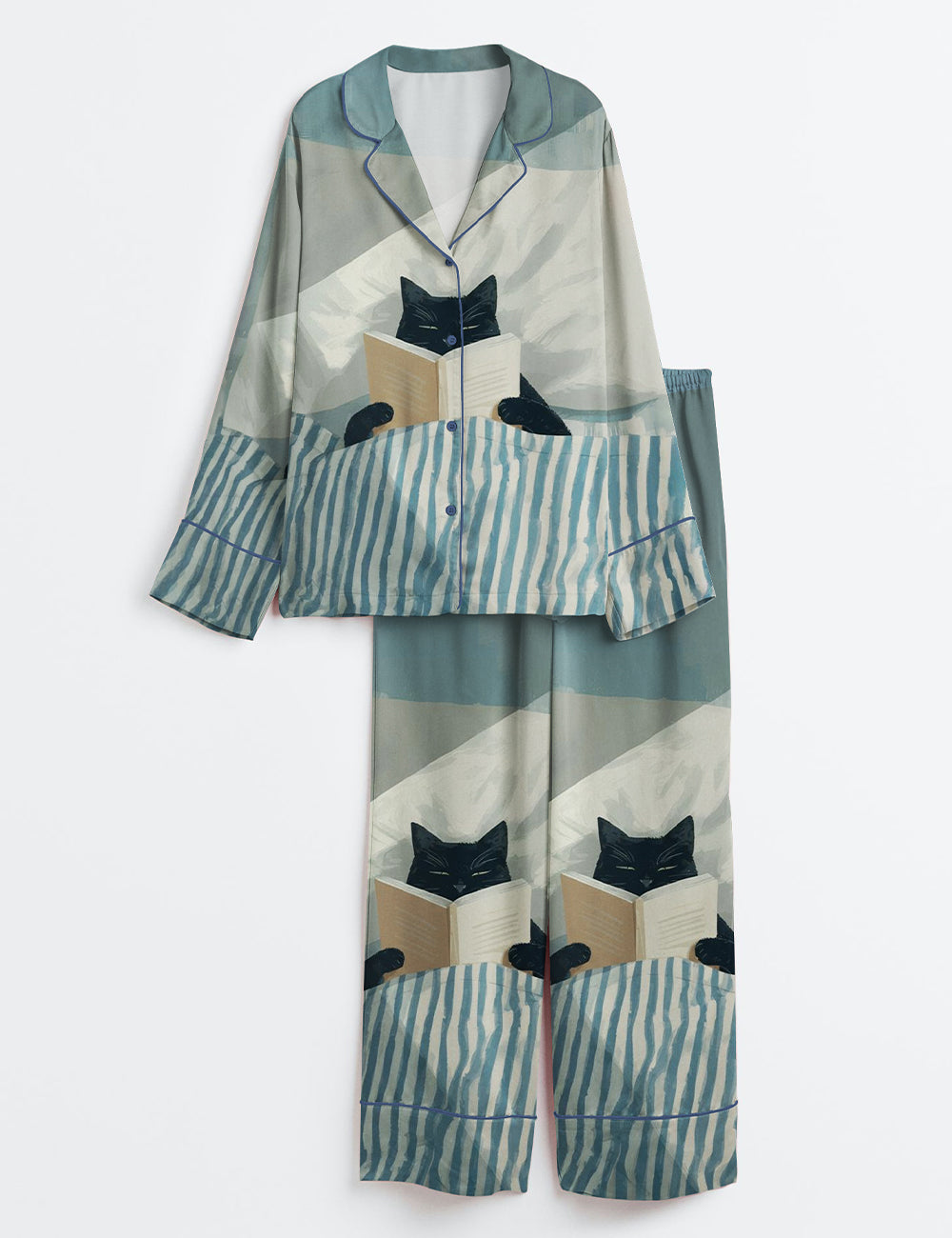 Women’s Black Cat Reading Print Cozy Cat Book Lover Long Sleeve Satin Pajama Set