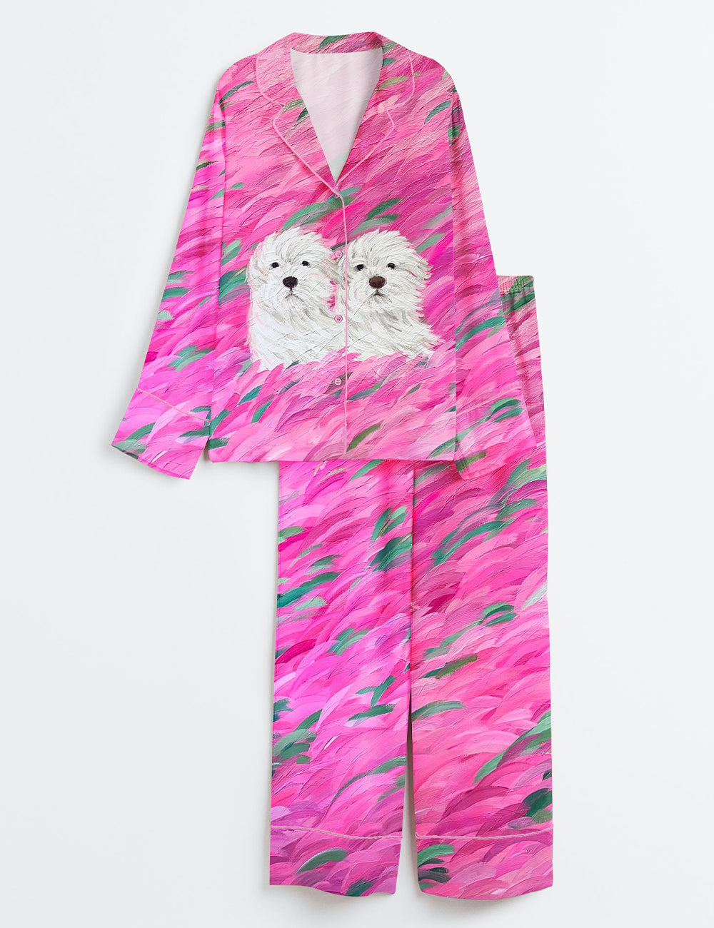 Women’s Two White Creatures In A Pink Blossom Field Long Sleeve Satin Pajama Set