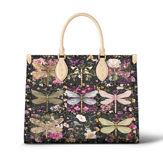 Leather Bag Charming Flowers Dragonflies