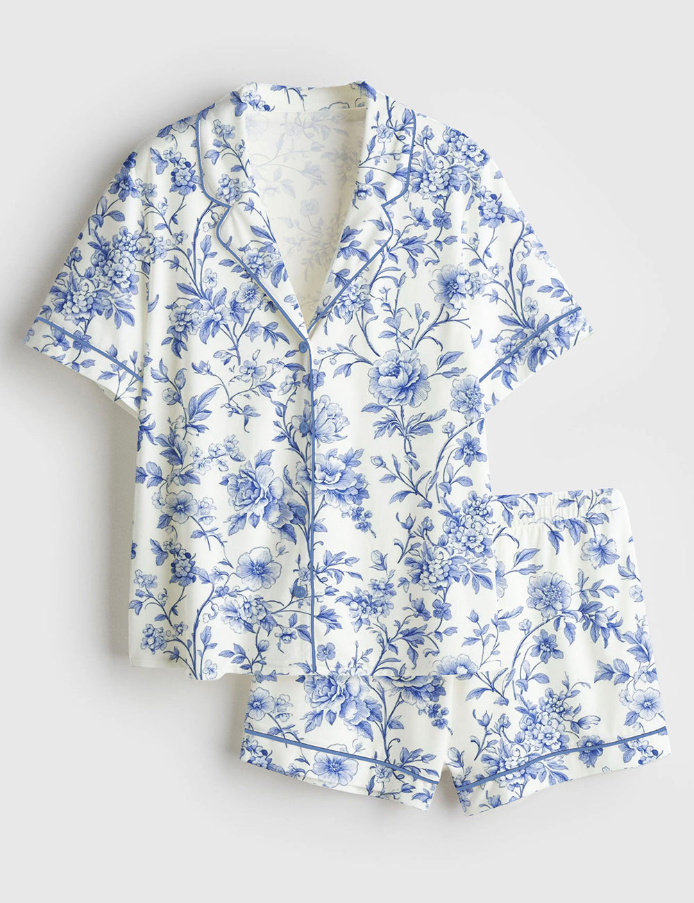 Women’s Chinoiserie Toile de Jouy Light Blue & White Floral Print Short Sleeve Satin Pajama Set