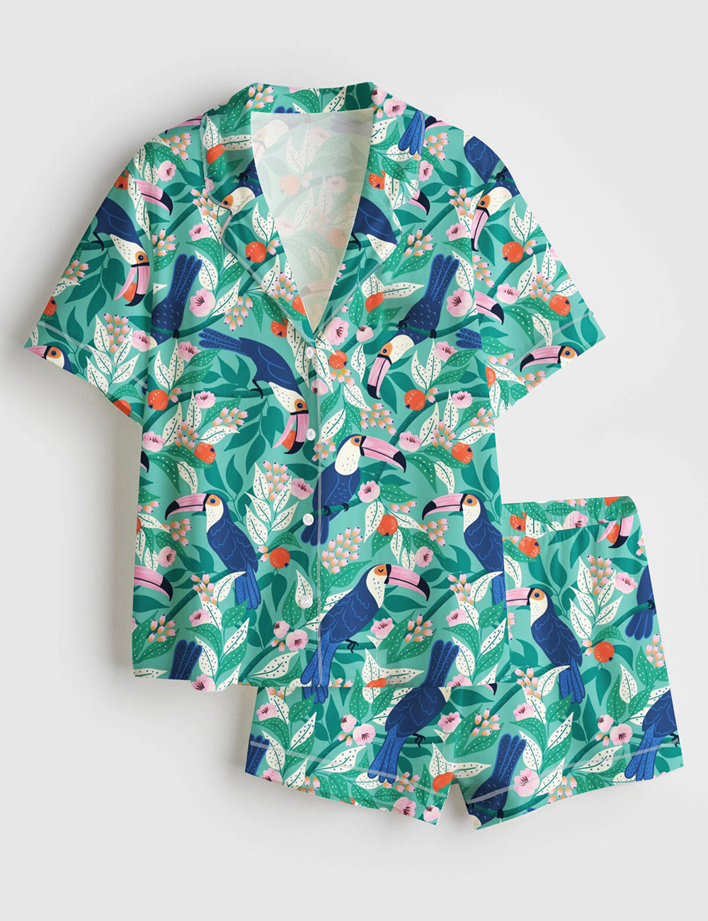 Women’s Whimsical Toucan Forest Quirky Forest Jungle Birds Cute Toucan Print Short Sleeve Satin Pajama Set
