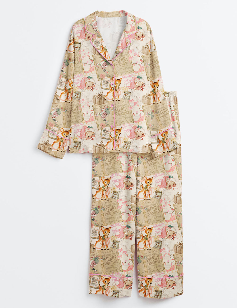 Women’s Vintage Christmas Collage Long Sleeve Satin Pajama Set