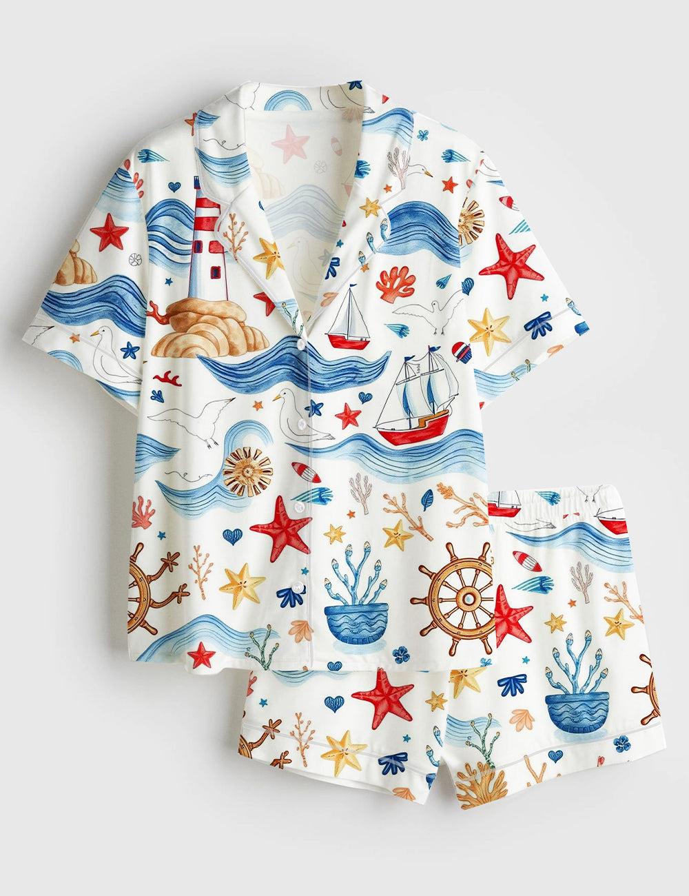 Women’s Sea Maritime Independence Day The 4th Of July Red White Blue Short Sleeve Satin Pajama Set