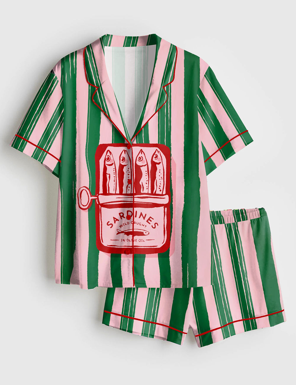 Women’s Sardines Summer Beach Aesthetic Sardines Girly Summer Ocean Beach Art Print Short Sleeve Satin Pajama Set