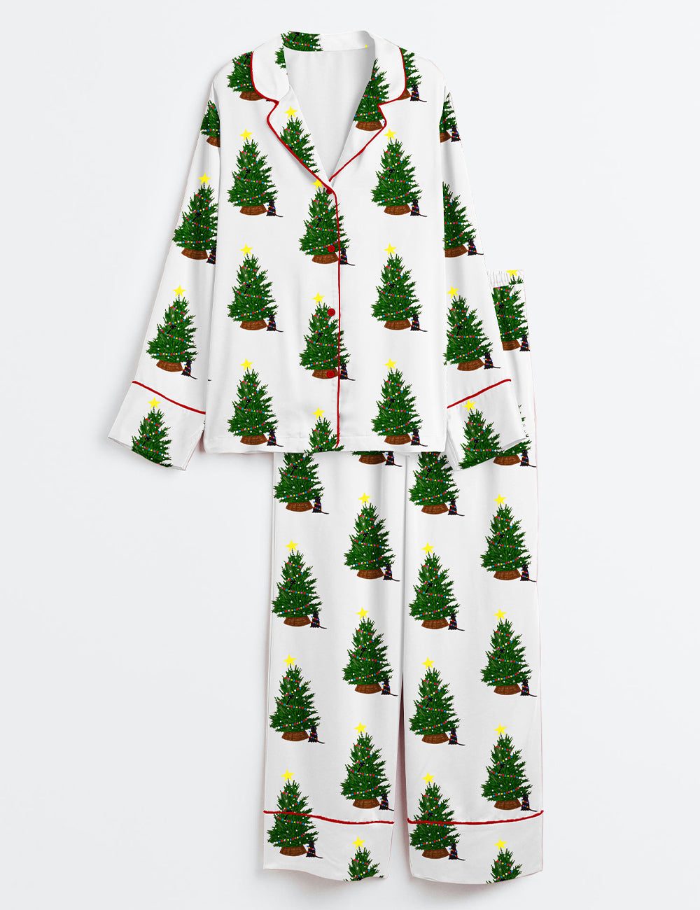 Women’s Cats Around The Christmas Tree Christmas Lights Long Sleeve Satin Pajama Set