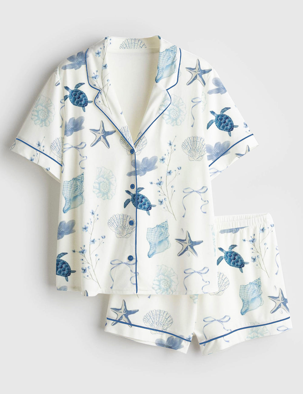 Women’s Summer Beach Ocean Coastal Summer Nautical Turtle Conch Bow Bachelorette Short Sleeve Satin Pajama Set