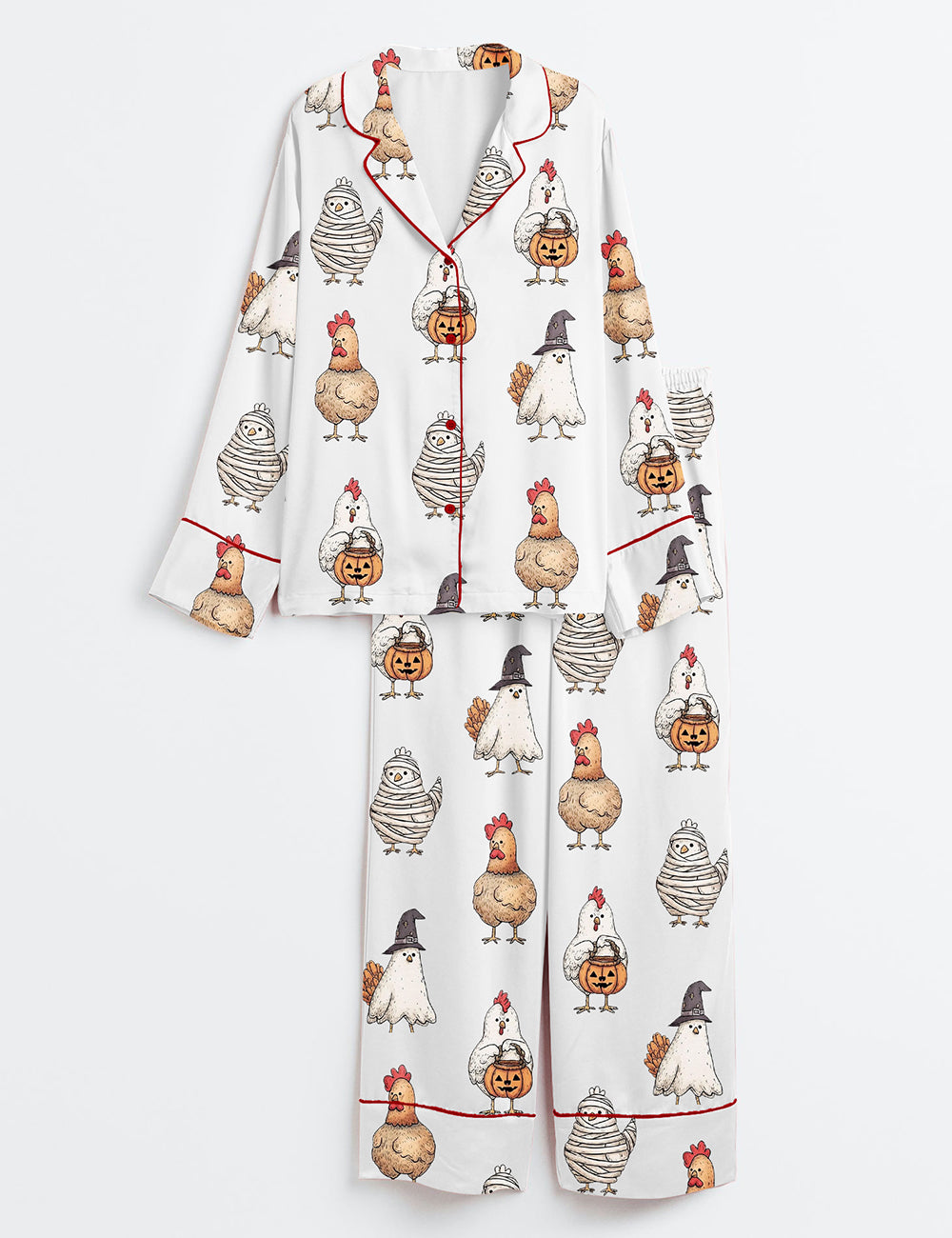 Women’s Chick Or Treat Halloween Chicken Long Sleeve Satin Pajama Set