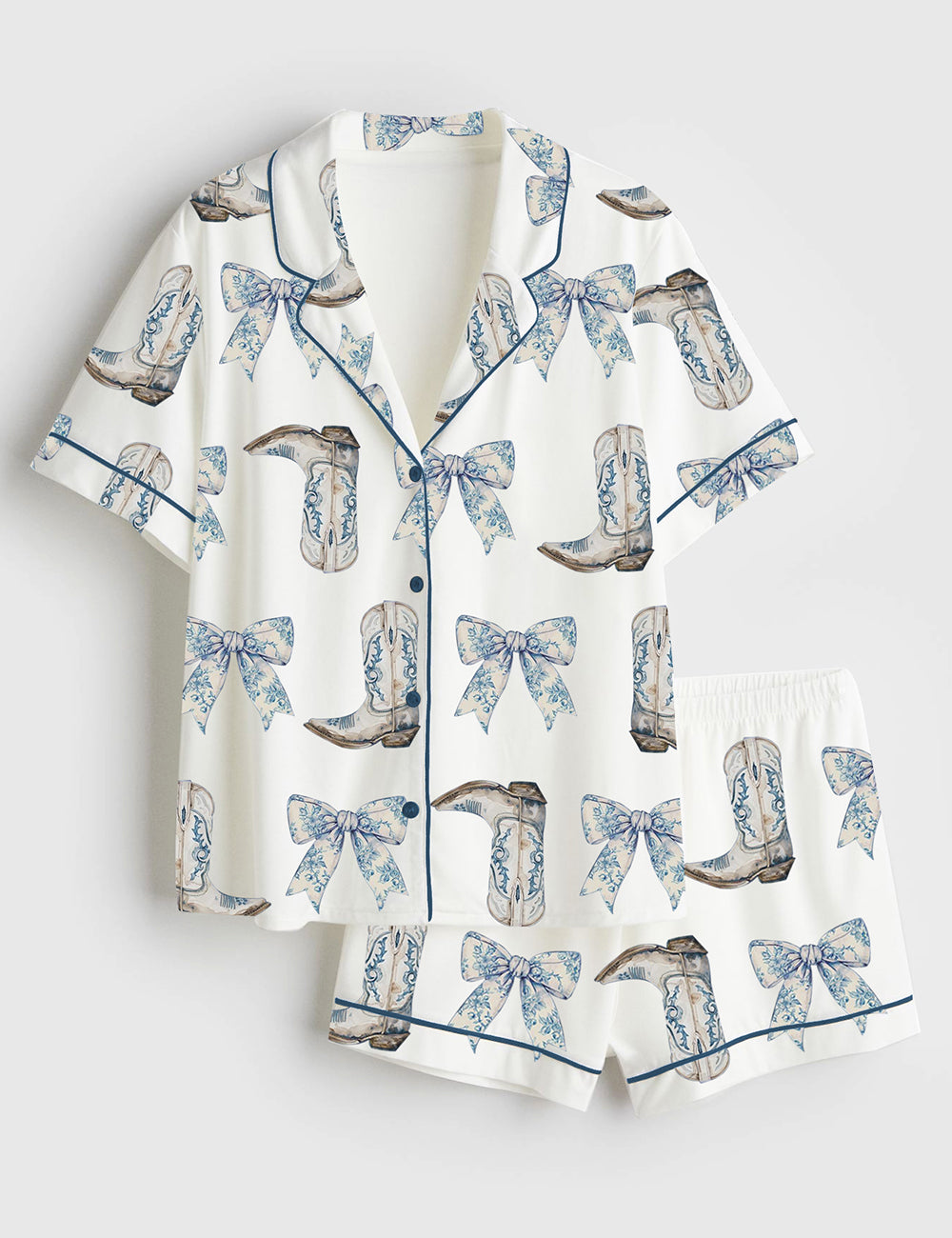 Women's Coquette Blue Bow And Boots Cowgirl Short Sleeve Satin Pajama Set