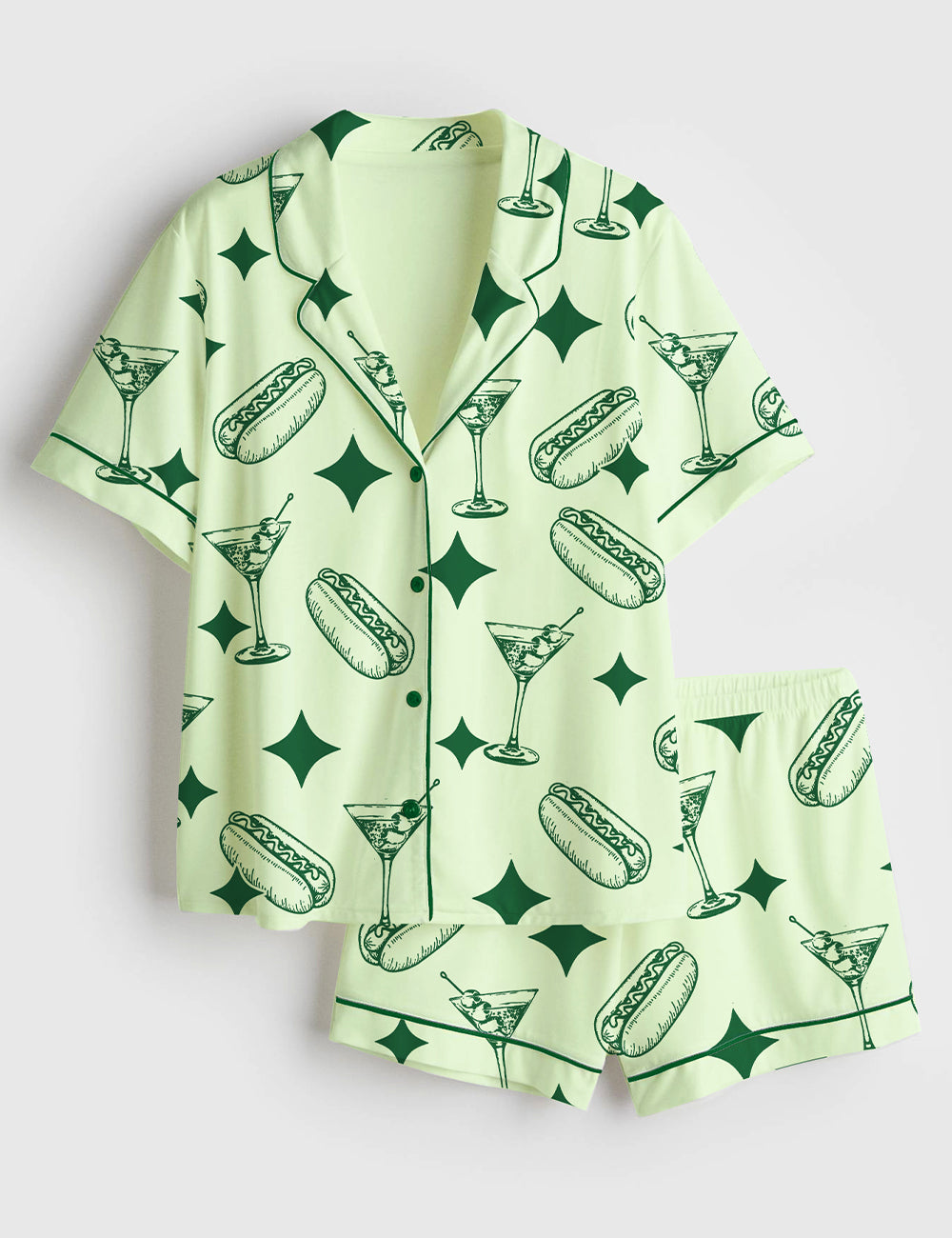 Women’s Green Tinis And Weenies Dirty Martini Party Print Short Sleeve Satin Pajama Set