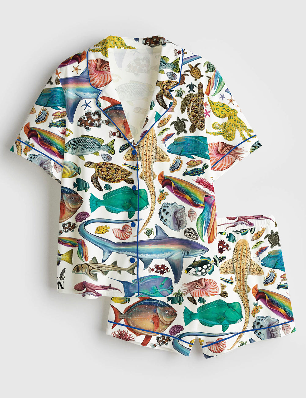 Women's Colourful Creatures Print Ocean Beach Short Sleeve Satin Pajama Set