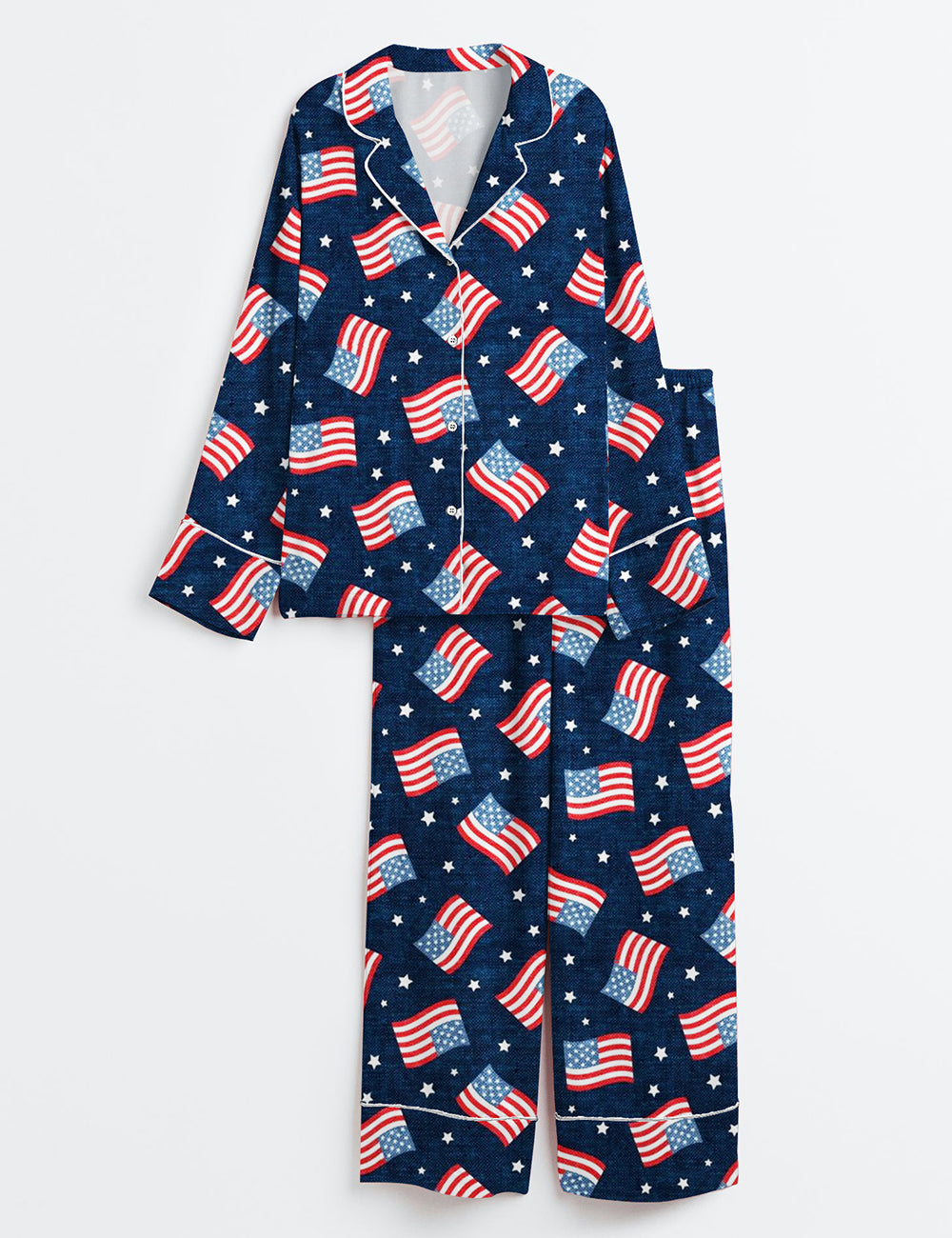 Women’s Fourth Of July Red White Blue USA Flag America Stars And Flags Long Sleeve Satin Pajama Set