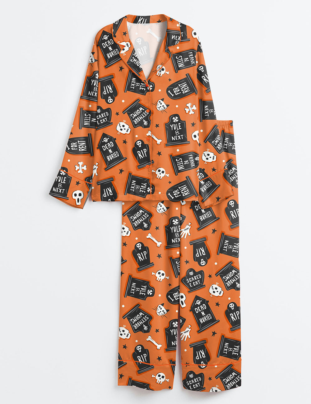 Women’s Ghoulish Graveyard Halloween Long Sleeve Satin Pajama Set
