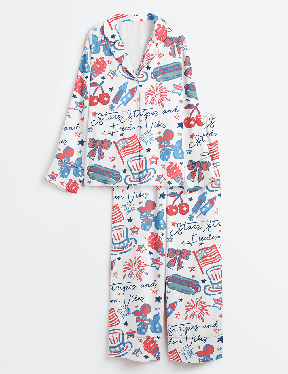 Women’s America Stars Stipes And Freedom Vibes 4th Of July Girly Coquette America Print Long Sleeve Satin Pajama Set