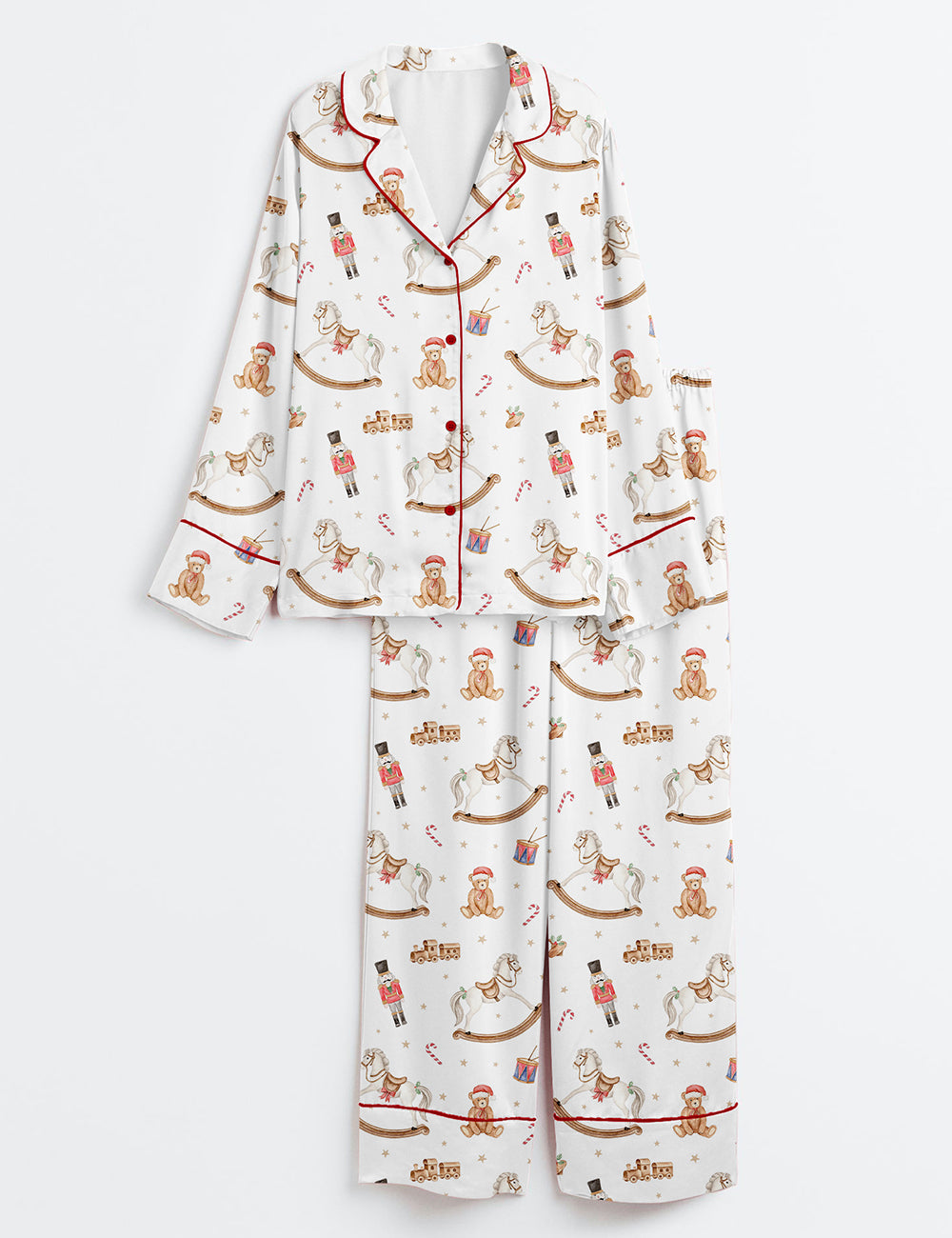 Women’s Christmas Toy Horse Teddy Bear Christmas Nutcracker Drum Long Sleeve Satin Pajama Set