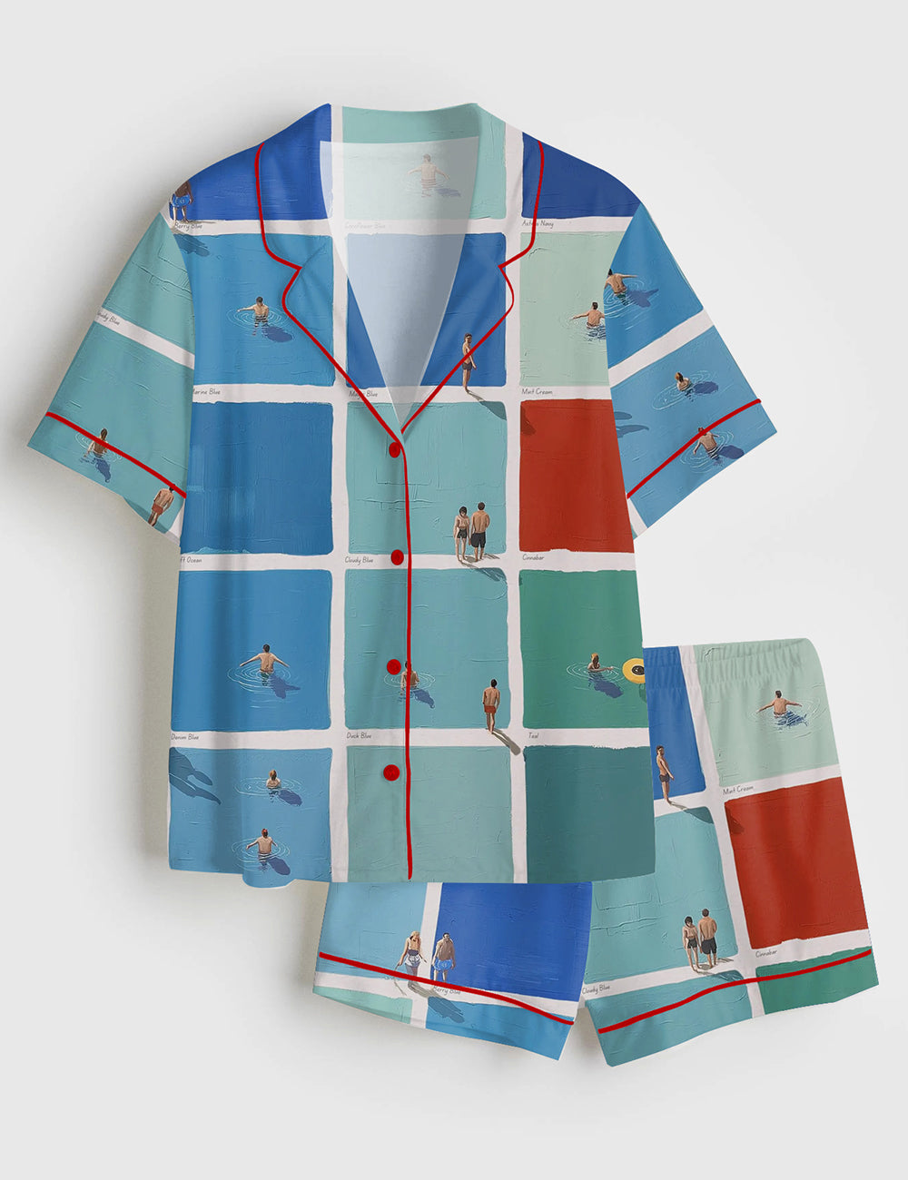 Women’s Surreal Summer Swimmers Art Tiny People Short Sleeve Satin Pajama Set