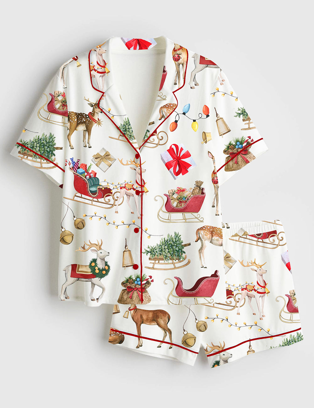 Women’s Watercolor Reindeer Christmas Short Sleeve Satin Pajama Set